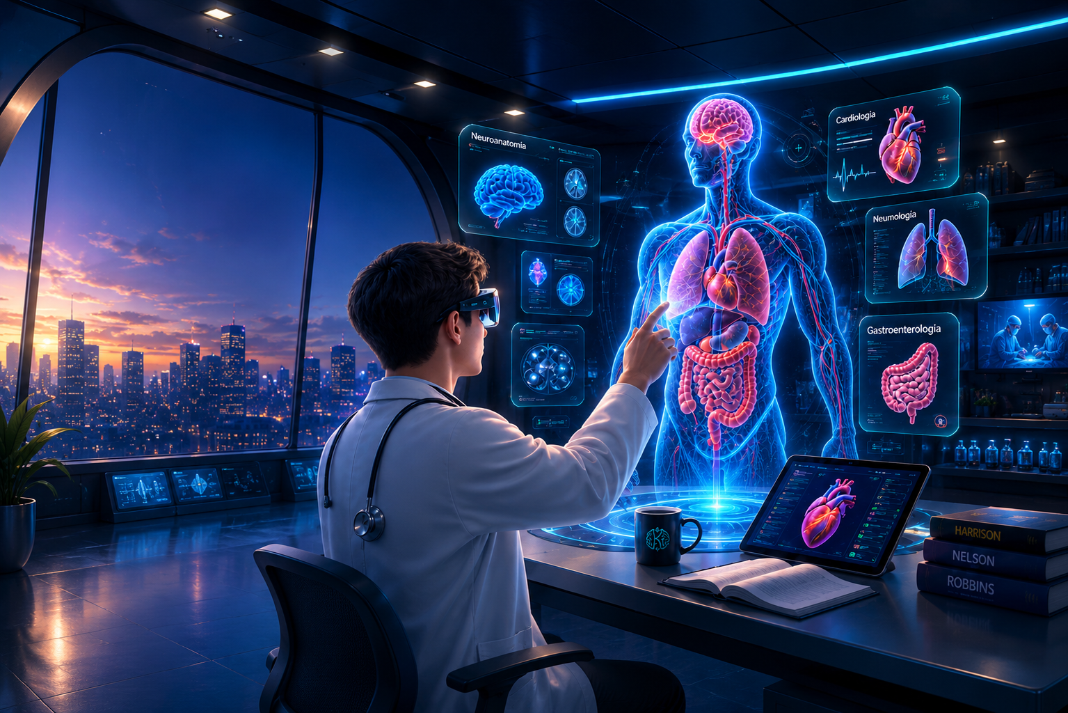 Médico interactuando con un holograma 3D del cuerpo humano en el laboratorio futurista de KotaMed